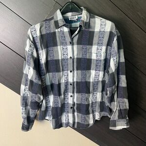 Vintage Trend Basics Women's Plaid Button Front Shirt Large Gray Purple 90s